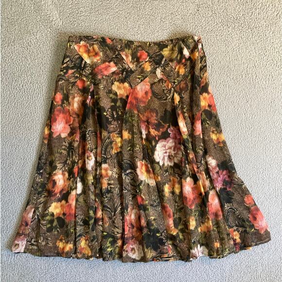Coldwater Creek Knee Length Skirt Large Floral A-Line Retro Classic Brown Pink - Picture 4 of 11